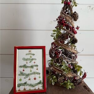 Watercolor original 4x6 festive Christmas tree in red frame